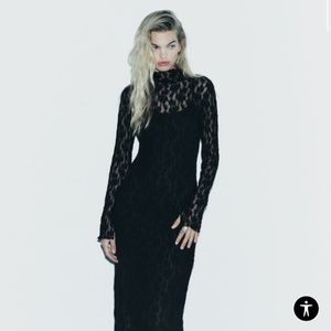 BLACK HIGH COLLAR MIDI DRESS WITH LONG SLEEVES